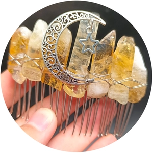 Handmade citrine crystal hair comb with crescent moon and star pendant charms