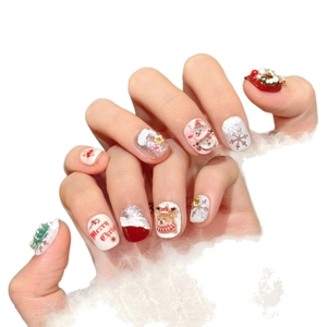 3D Christmas themed press-on nails with red and white snowman and reindeer relief