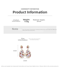 Detail view of colorful zircon teardrop earrings showing weight 17.8g and size 5.5cm