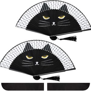 Japanese Style Folding Fan Handheld Bamboo Linen Cloth Cute Cat Face Pattern Polka Dots With Tassel Gift For Women