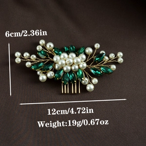 Detail showing dimensions of green crystal and pearl bridal hair comb with gold wire work