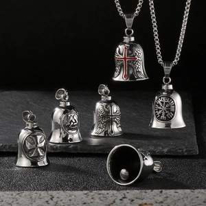 Vintage Stainless Steel Viking Guardian Bell Pendant For Men Punk Gothic Cross Angel Wings Motorcycle Biker Jewelry
