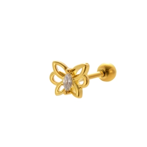 Macro shot of gold butterfly stud earring with marquise zircon and screw ball back