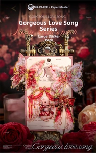 Macro detail of PET stickers featuring red butterflies, rabbits and gold foiling