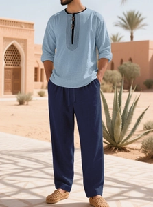 Men's cotton linen beach set with light blue Henley shirt and dark blue drawstring pants
