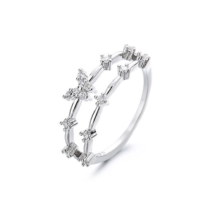 Double-layer S925 sterling silver butterfly ring with sparkling zircon inlays on white background