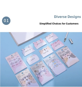 Close-up of cute cartoon animal sticky notes featuring cat and pig designs with packaging