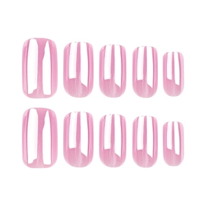 Glossy pink short square press-on nails set with 10 pieces on white background