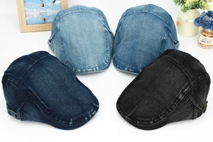 Detail view of washed denim ivy caps in four color tones with metal side buckles