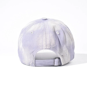 Detail view of washed lavender cotton baseball cap with adjustable metal buckle back