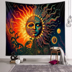 Artistic psychedelic mushroom tapestry with sun and moon hung on white brick wall