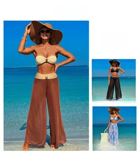 Three-piece bikini set with sheer mesh wide-leg pants for beach vacation wear