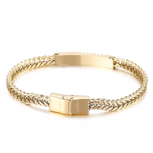 Golden wheat link chain bracelet for men with rectangular plaque and fold-over clasp