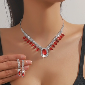 Elegant red crystal necklace and earrings set with sparkling rhinestones for women