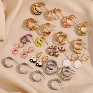Collection of 18K gold plated hoop earrings with colorful enamel geometric charms