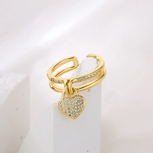 18K gold plated double layer open ring with a hollow heart pendant and clear zircons