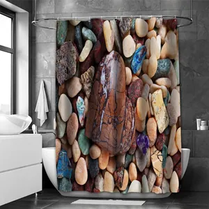 Rideau de douche en polyester imperméable aux motifs de galets colorés et pierres naturelles