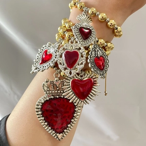Bohemian gold beaded bracelet set with red sacred heart vintage pendants for women