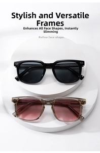 Detail of square black and translucent brown sunglasses on elegant white display pedestals