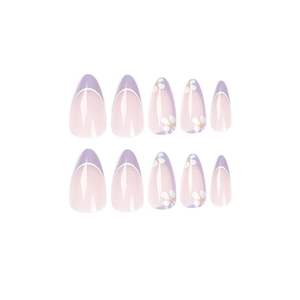 Purple French tip almond press-on nails with white daisy floral design, 10-piece set