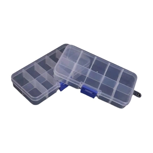 Clear plastic storage box with blue buckles and adjustable dividers for organization