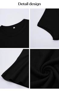 Detail design of black ribbed knit T-shirt showing neckline, sleeve and fabric texture