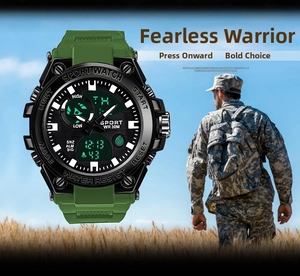 Tactical dual display sport watch with green strap showing WR 30M waterproof rating