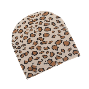 Detailed close-up of leopard print pattern on a high-quality jacquard knit beanie hat