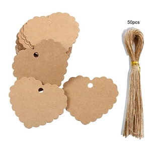 50pcs heart-shaped kraft paper tags with scalloped edges and natural jute twine