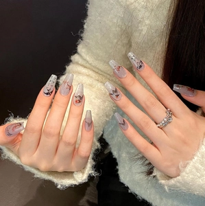 Cat eye press-on nails with Chinese ink painting of birds and red plum blossoms