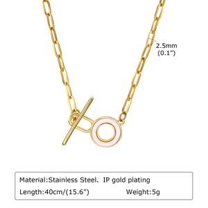 Detail of gold OT toggle clasp necklace with pink enamel ring and stainless steel chain