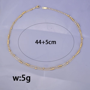Double-layered gold beaded stainless steel necklace with adjustable 44+5cm chain