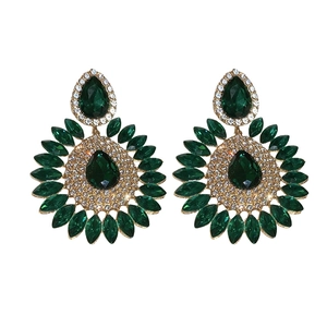 Elegant emerald green teardrop floral drop earrings with sparkling rhinestones in gold setting