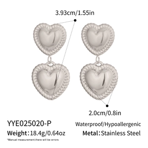 Detail of silver heart earrings in stainless steel with textured rope edges and dimensions