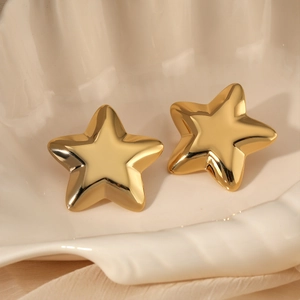 Polished 316 stainless steel star stud earrings in gold finish displayed on white shell