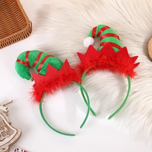 Set of two festive Christmas elf hat headbands with red feathers and gold bells