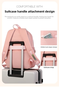 Pink backpack with trolley sleeve, anti-theft back pocket and iPad storage compartment
