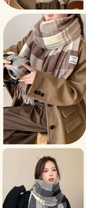 Close-up detail of thick brown plaid scarf with fringe and soft cashmere texture