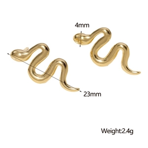 Detail showing 23mm gold-plated snake earrings with dimensions and weight specs