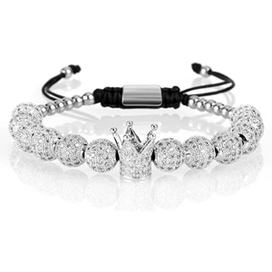 Men's crown beaded bracelet set with sparkling cubic zirconia and black woven rope