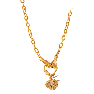 18k gold plated chunky chain necklace with hand-shaped heart clasp and evil eye pendant