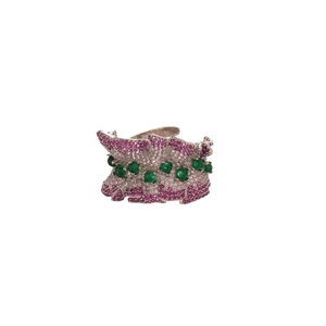 Bague ovale en argent scintillant avec cristaux roses, violets et pierres vertes