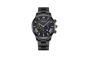Macro view of MREURIO black stainless steel chronograph watch dial with Roman numerals