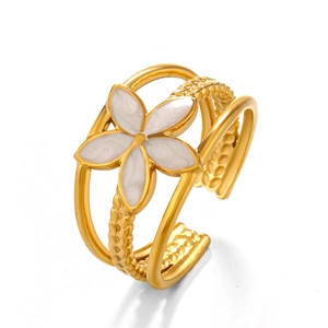 Bohemian gold plated multi-layer stainless steel ring with white enamel flower charm