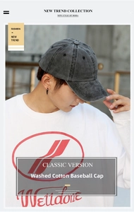 Detail of dark gray washed cotton baseball cap with vintage distressed texture on male model