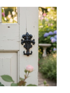 Detail of vintage cast iron fleur-de-lis hook mounted on a white rustic wooden door