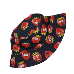 Detailed view of black cotton bucket hat featuring various animated strawberry prints