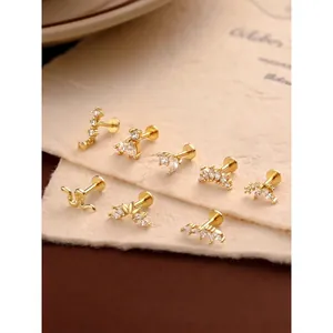 925 Sterling Silver Gold Geometric Stud Earrings Set with Zircon for Multi Piercing