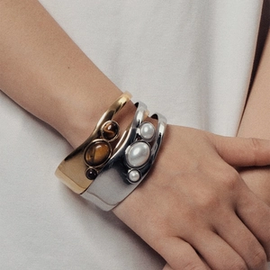 Stainless Steel Open Bangle Bracelet With Tiger Eye Stone And Artificial Pearl Hollow Retro Design Elegant Jewelry For Women