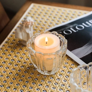 Ribbed Crystal Glass Candle Holder Wave Rim Nordic Style Modern Desktop Decorative Votive Cup Transparent